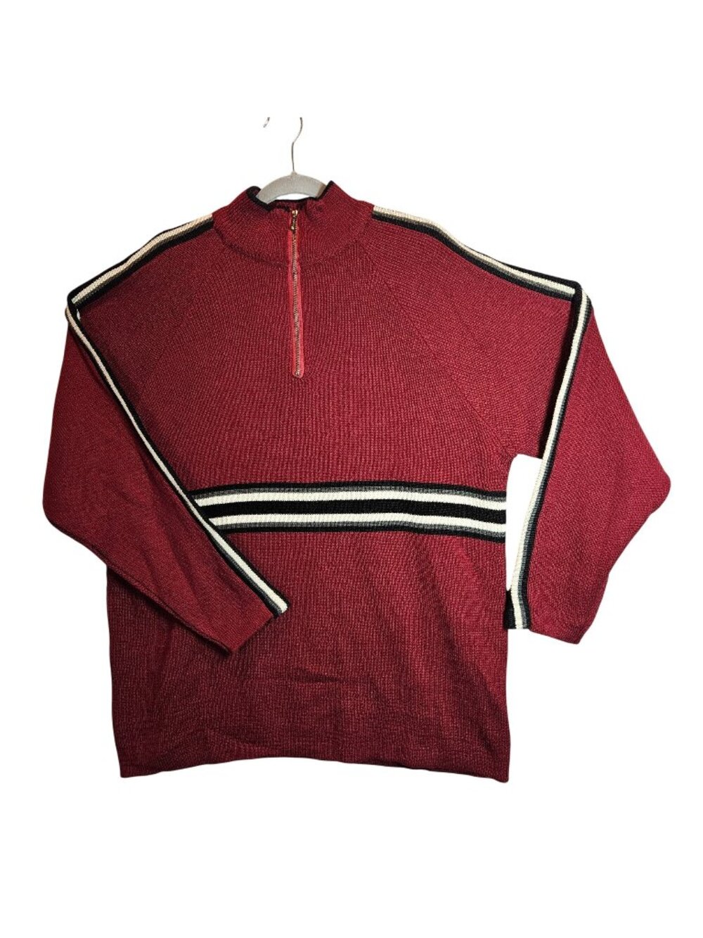Point Zero Mens M Red 1/4 Zip Sweater Striped Detail tight knit Office hipster